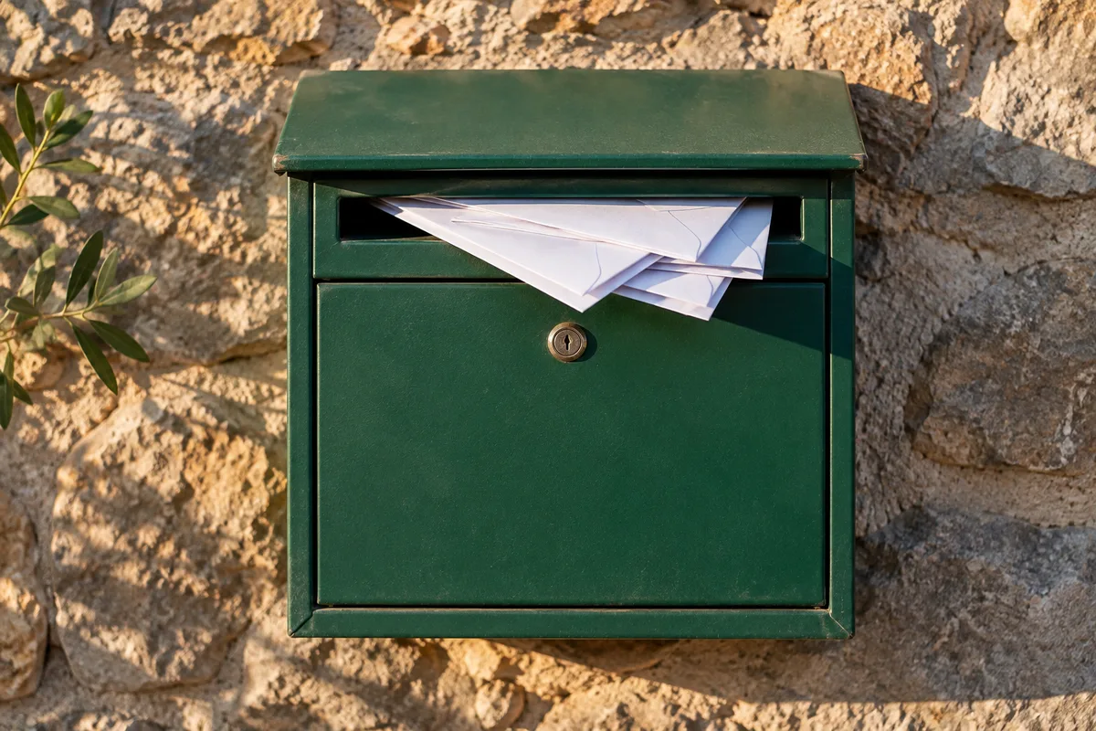 Boîte aux lettres murale en métal vert avec plusieurs enveloppes dépassant de la fente