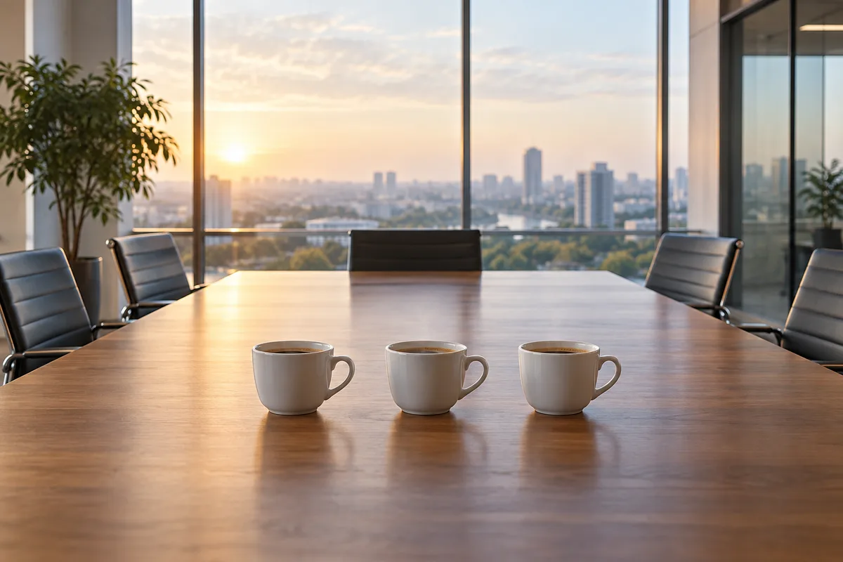 Trois tasses de café alignées sur une table de réunion vide devant une baie vitrée