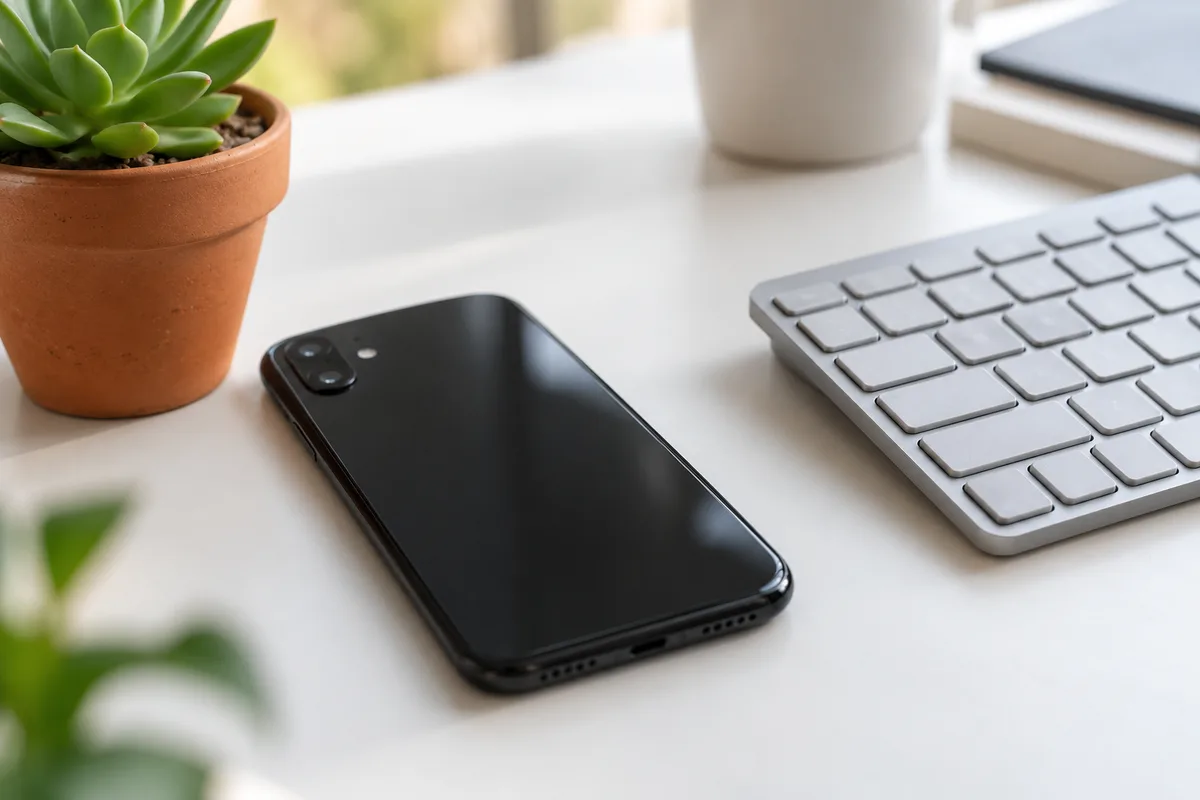 Smartphone retourné sur une table près d&rsquo;un clavier et d&rsquo;une plante