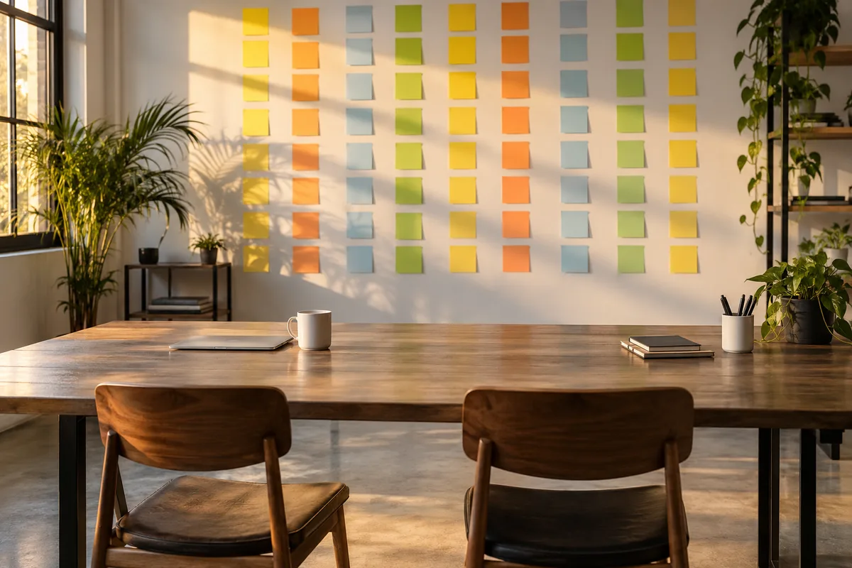 Mur de notes adhésives aux couleurs unies dans une salle de travail