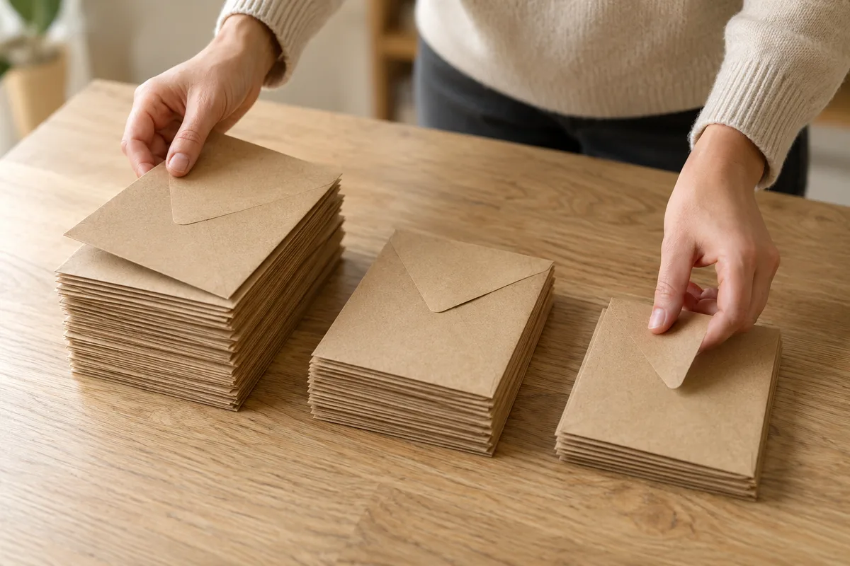 Mains triant des enveloppes kraft unies en trois piles sur une table en chêne
