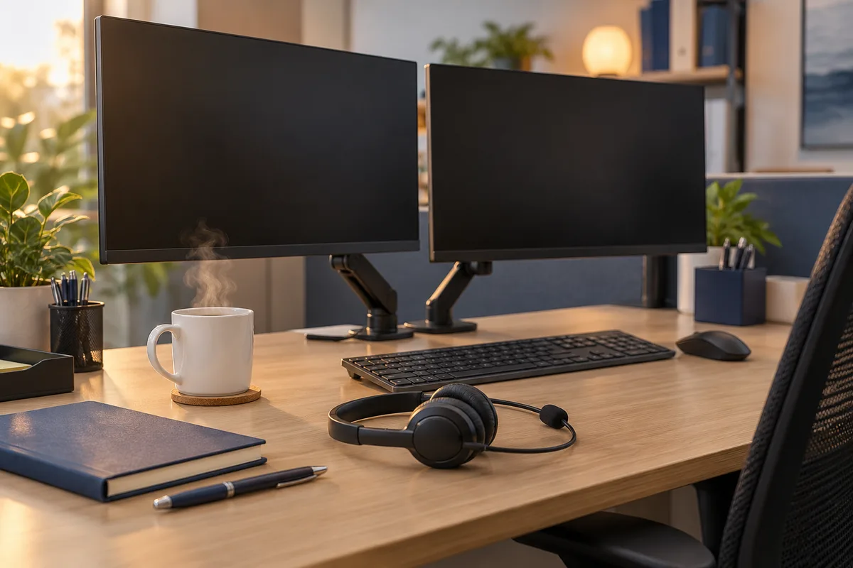 Bureau de conseiller avec deux écrans éteints, un casque posé et une tasse de café