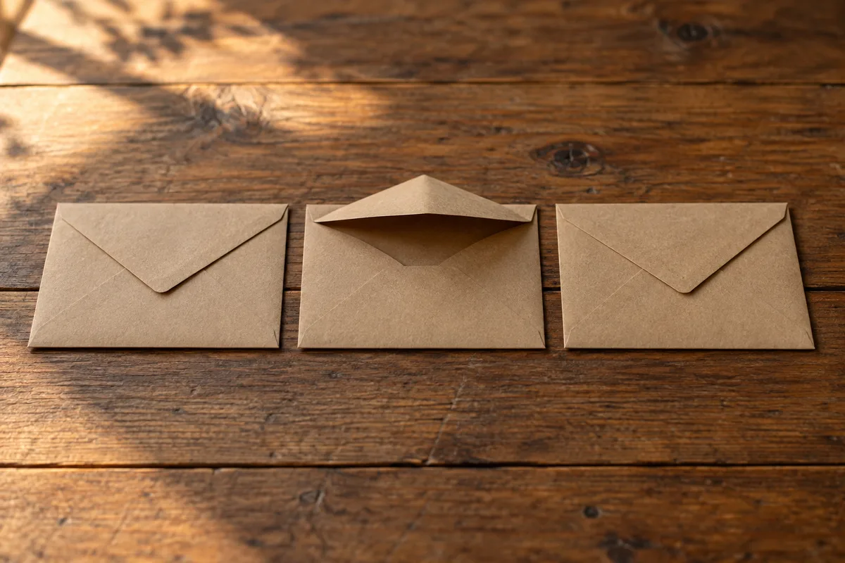 Trois enveloppes kraft alignées sur une table en bois, une seule légèrement ouverte