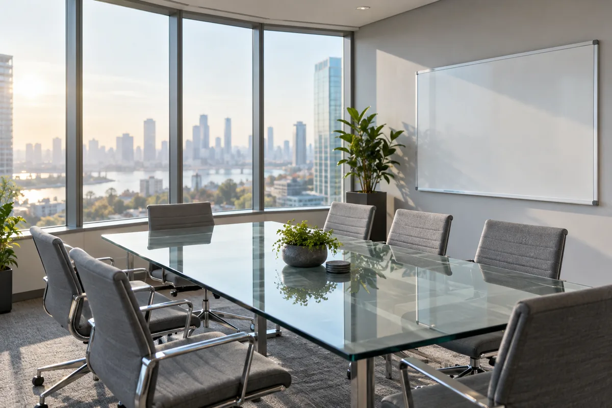 Salle de réunion vide avec une table en verre et un tableau blanc effacé