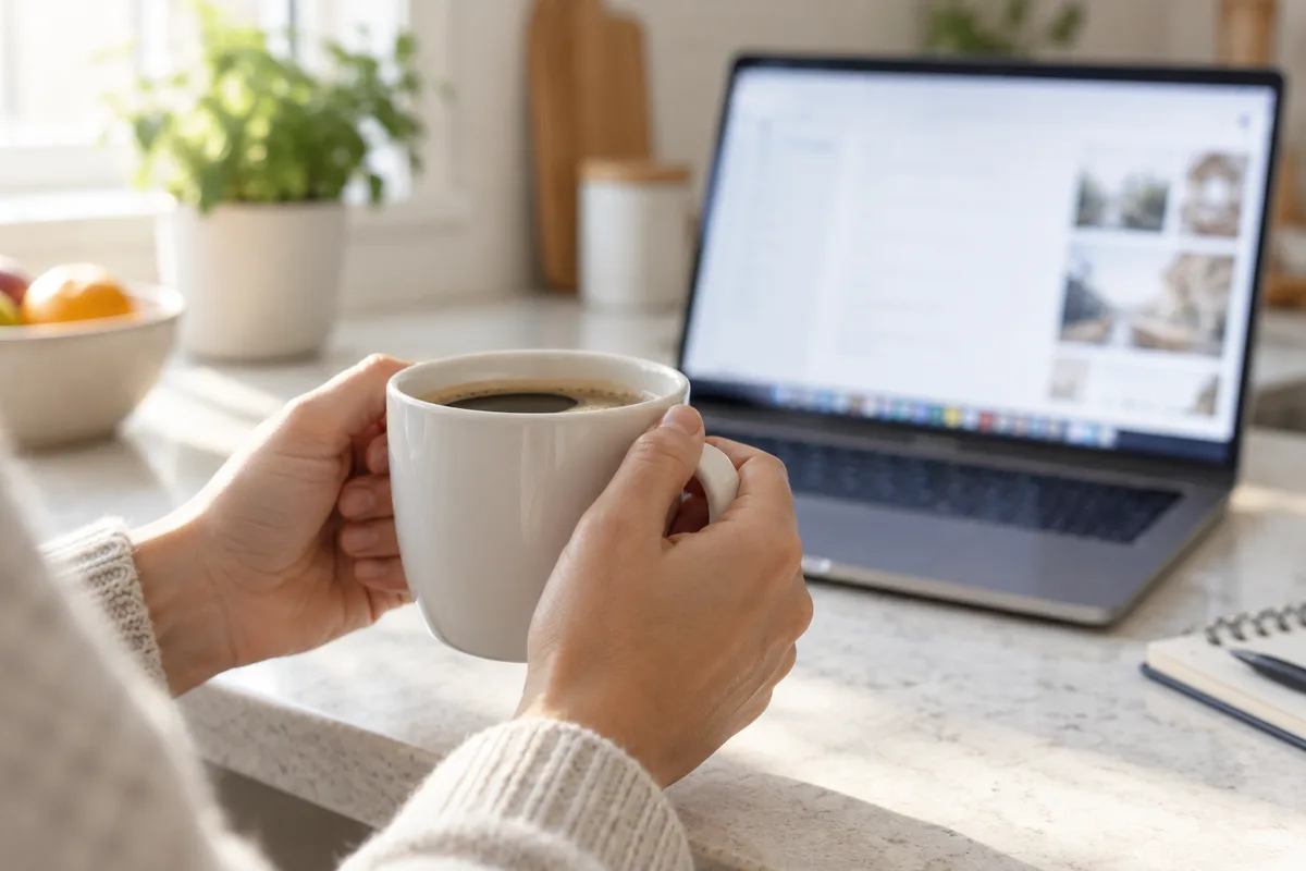Mains tenant une tasse de café devant un écran d’ordinateur flou dans une cuisine lumineuse