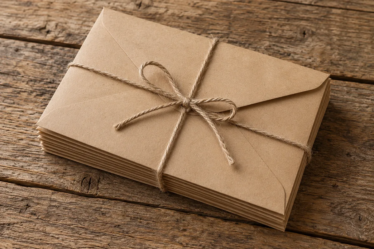Pile d’enveloppes kraft fermées nouées d’une ficelle sur une table en bois
