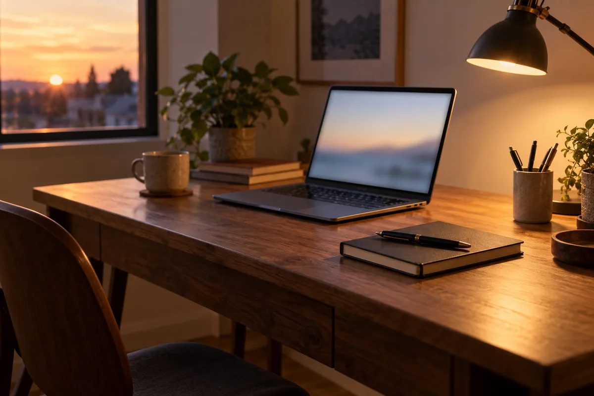 Bureau vu de trois quarts avec carnet fermé, stylo et ordinateur portable en fin de journée