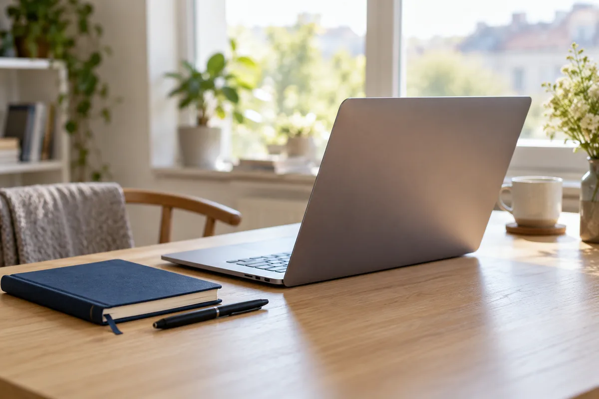 Ordinateur portable ouvert sur une table en bois clair, carnet fermé et stylo posés à côté