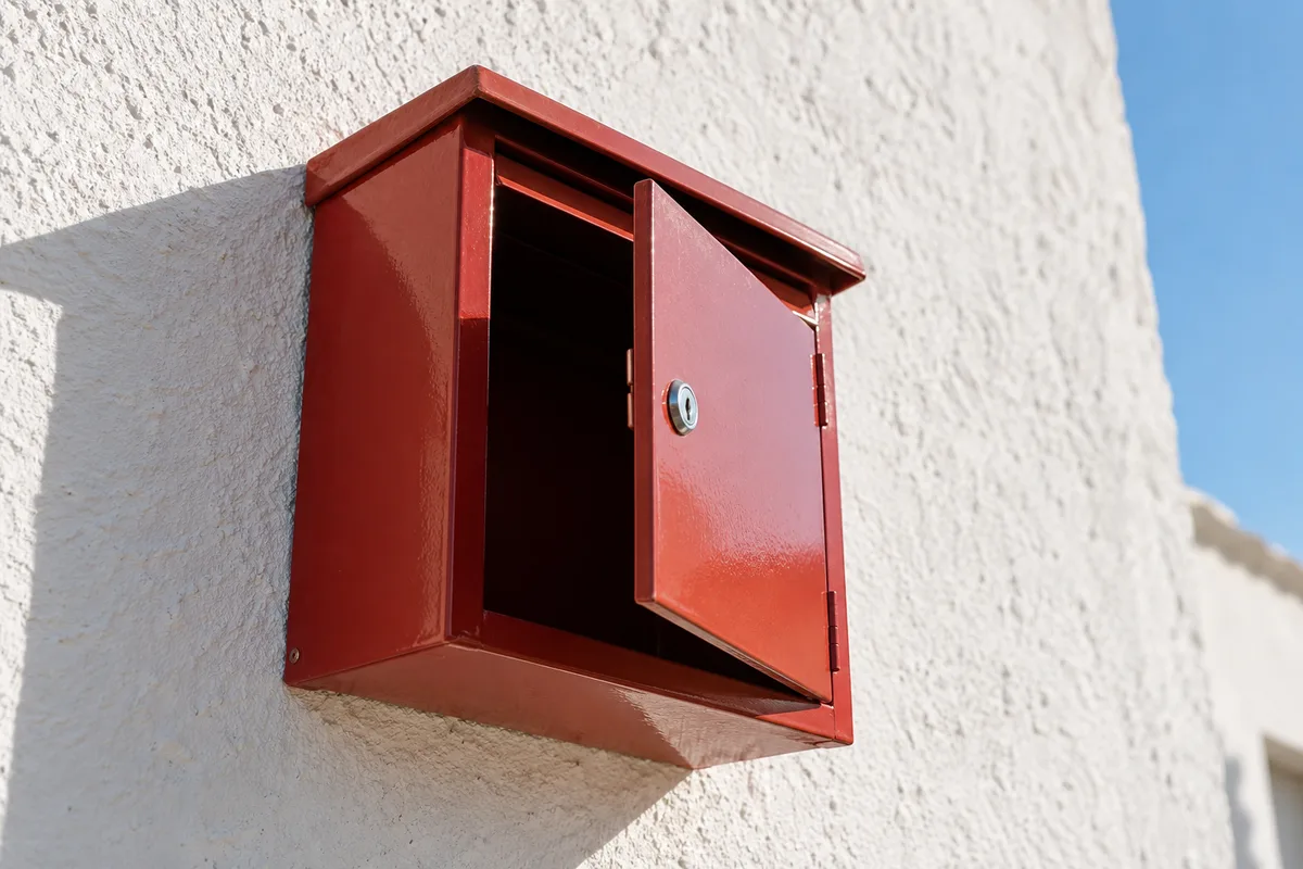 Boîte aux lettres en métal rouge brique, porte entrouverte, fixée sur un mur blanc dans la lumière du matin