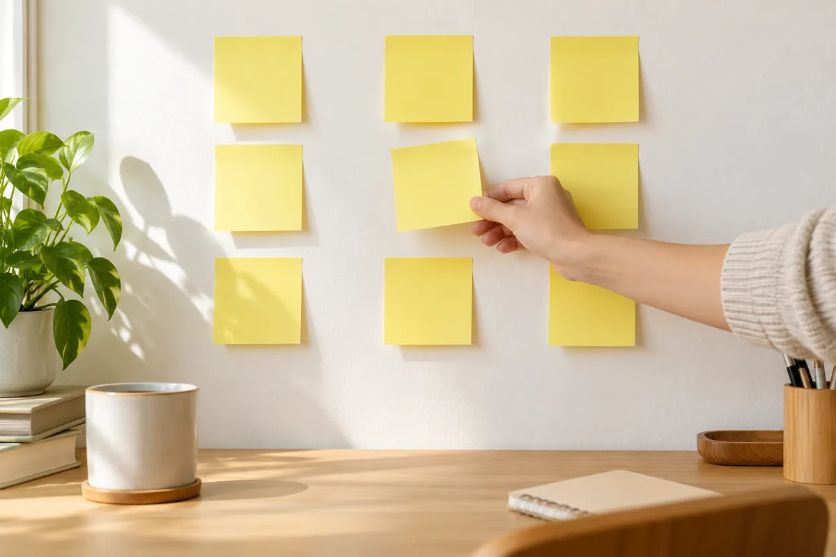 Post-it jaunes vierges rangés en trois colonnes sur un mur blanc
