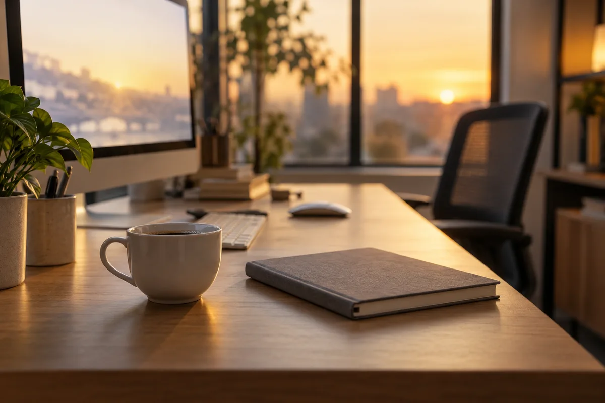Tasse de café et carnet fermé près d&rsquo;un écran flou en fin de journée