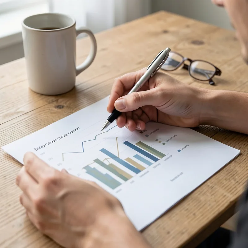 Personne annotant un tableau de bord imprimé posé sur une table de travail