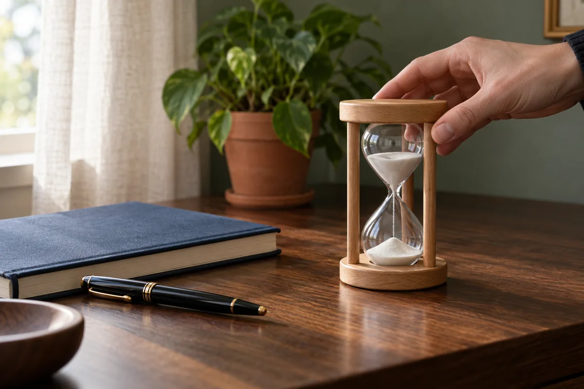 Main posant un sablier en verre sur un bureau en noyer, près d’un carnet fermé bleu nuit