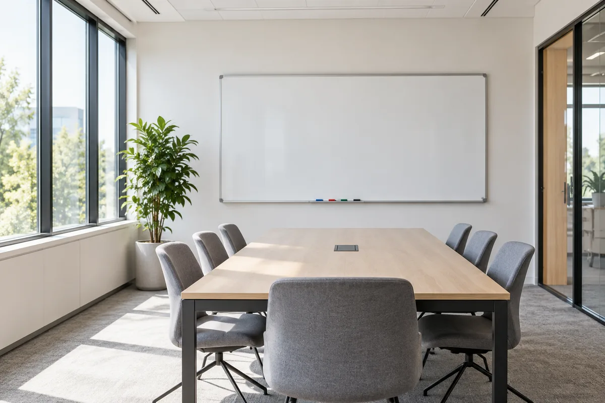 Tableau blanc vierge dans une salle de réunion vide baignée de lumière naturelle