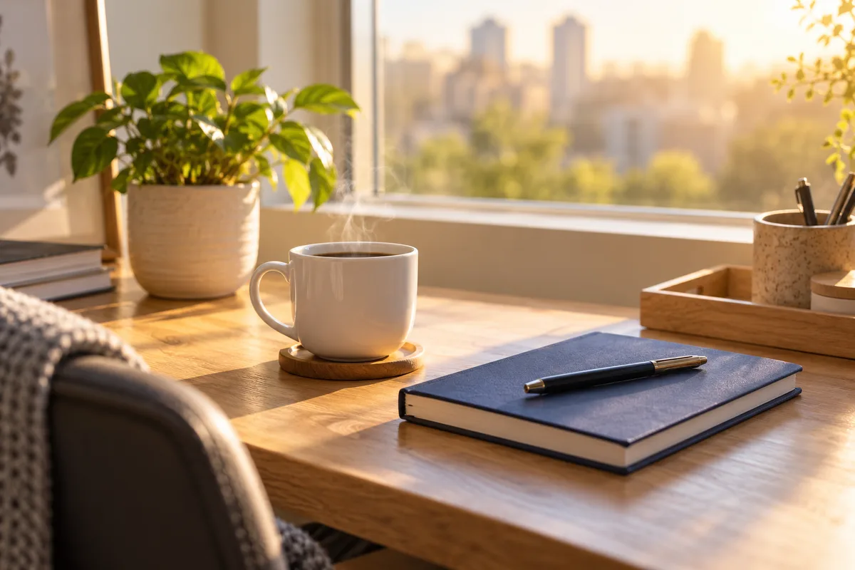 Bureau lumineux avec une tasse de café et un carnet fermé près de la fenêtre
