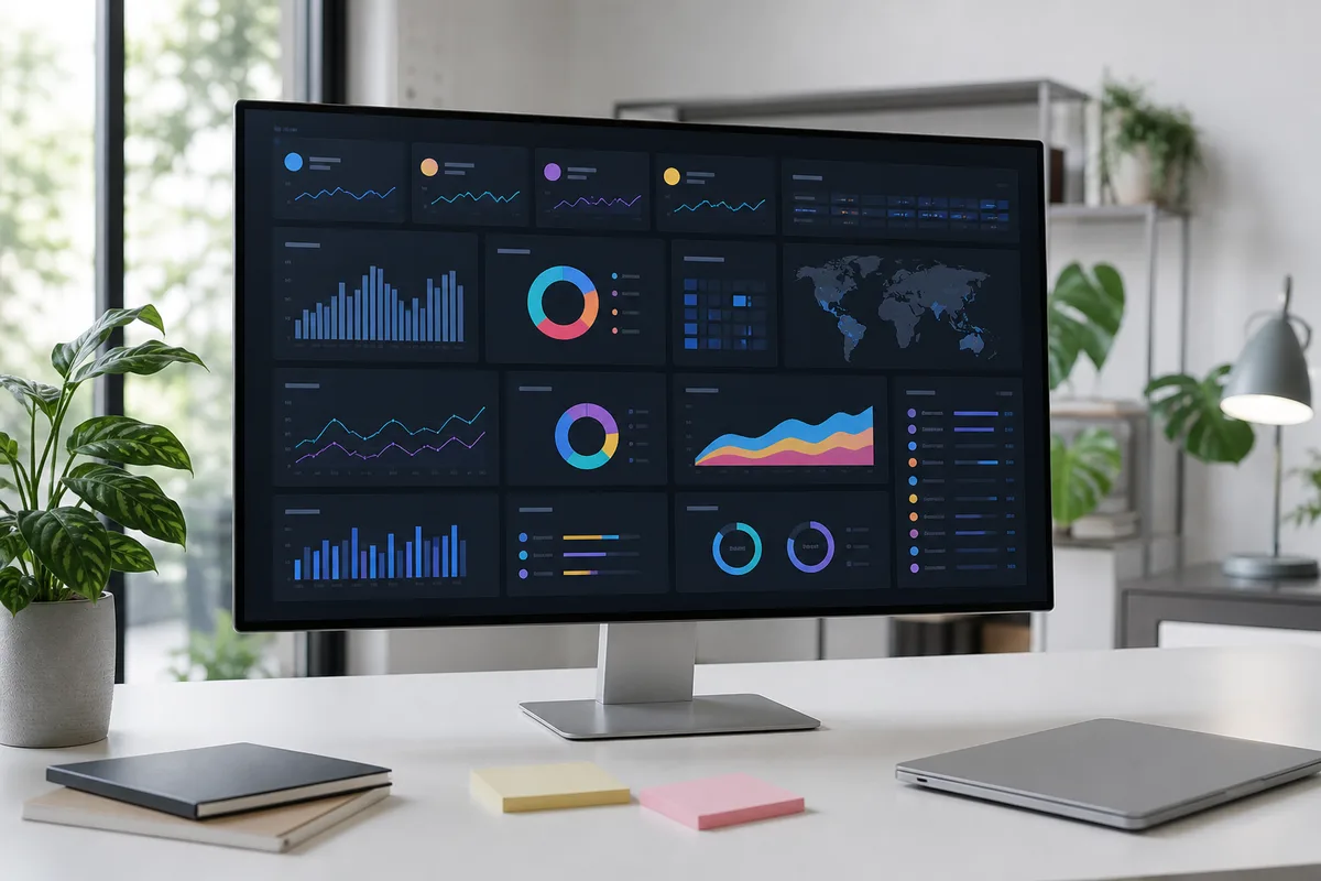 Tableau de bord multi-plateformes affiché sur un grand écran dans un bureau