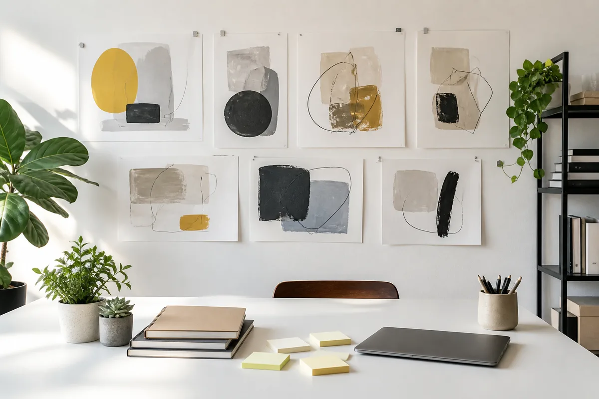 Studio de création avec des esquisses de campagne affichées sur un mur clair