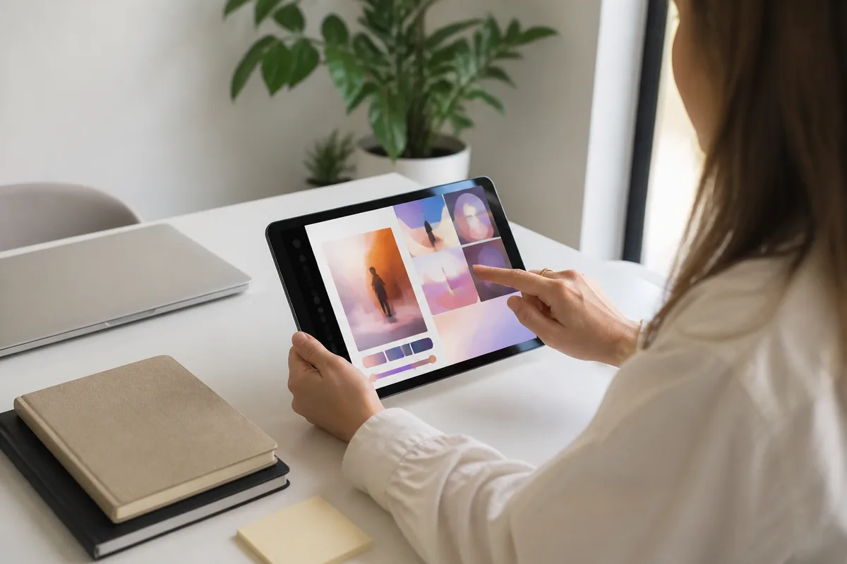 Personne testant un format publicitaire interactif sur une tablette dans un espace lumineux
