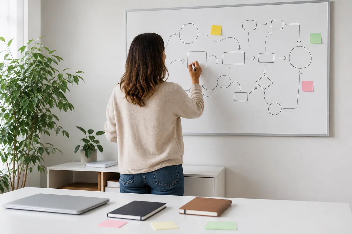 Personne travaillant sur un schéma de parcours client tracé au tableau