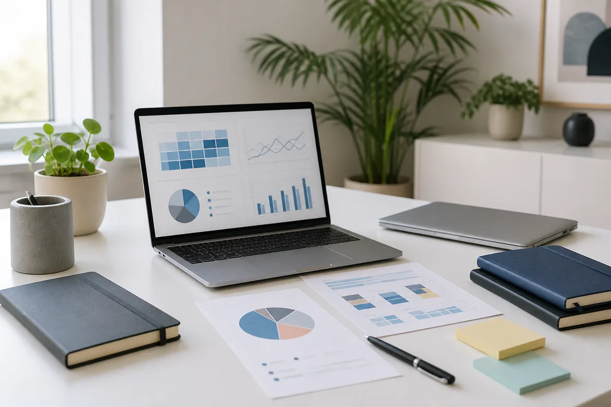 Espace de travail avec des documents de cours et un ordinateur affichant un tableau de données