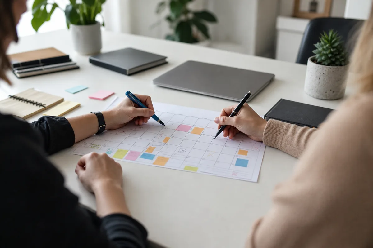 Deux personnes annotant un calendrier éditorial imprimé posé sur une table de réunion