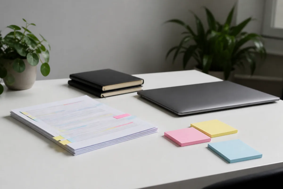 Bureau avec un document réglementaire annoté et un ordinateur portable fermé