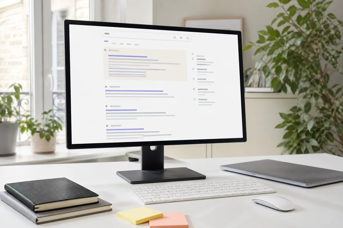 Écran d&rsquo;ordinateur affichant une page de résultats de recherche avec des annonces payantes en haut