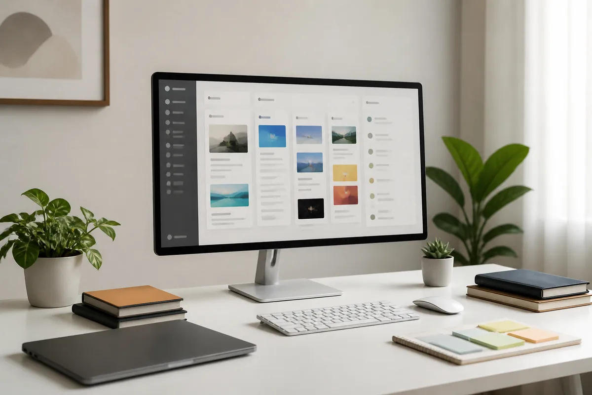 Bureau organisé avec un agenda de publication et plusieurs applications ouvertes sur un écran