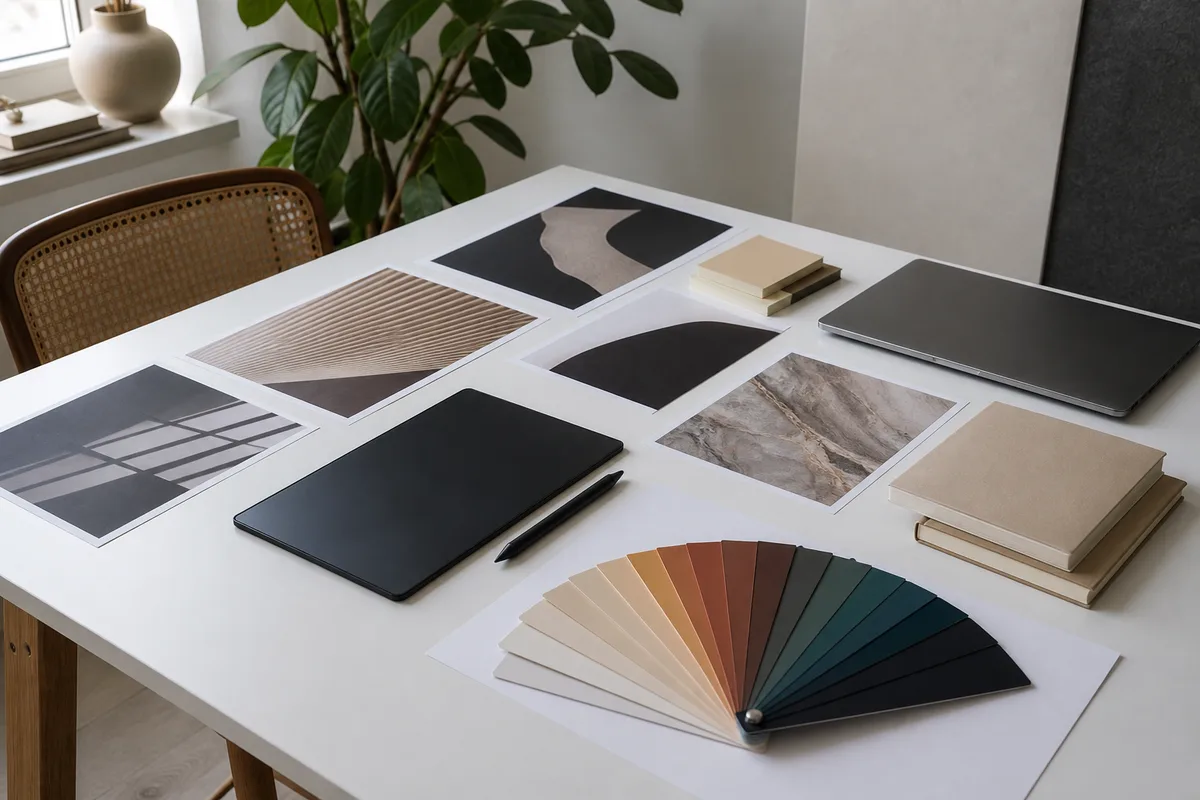Table de travail avec des visuels imprimés, une tablette graphique et une palette de couleurs
